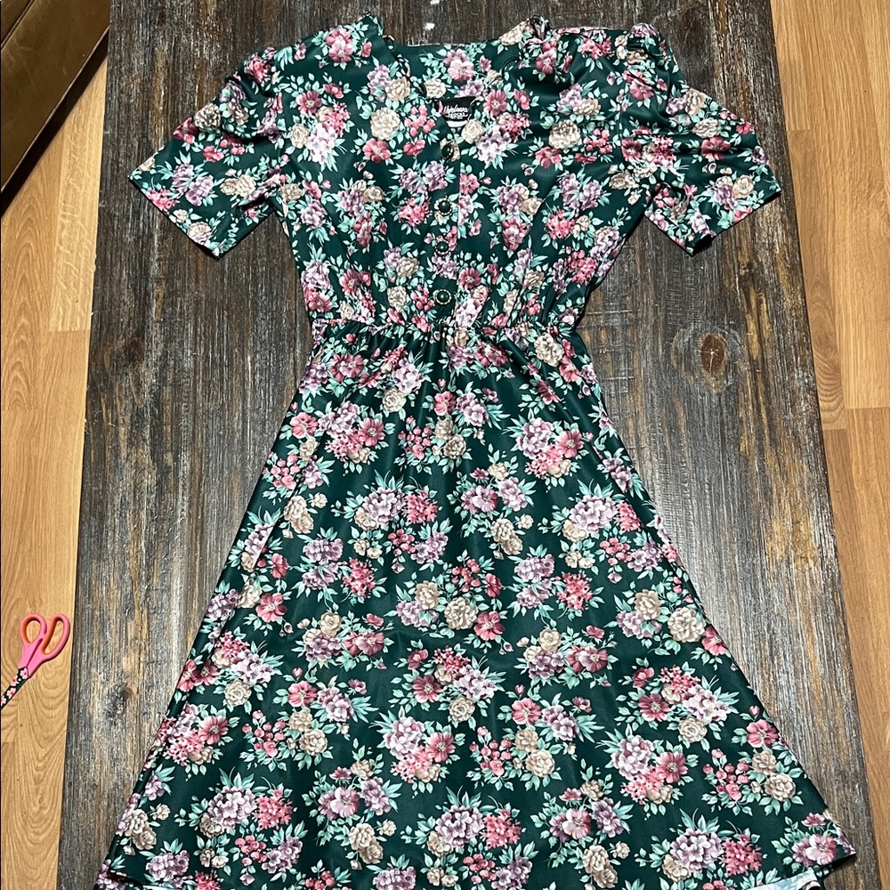 Vintage Whirlaway Frocks Dark Green Floral Dress with Pink & Cream Blooms